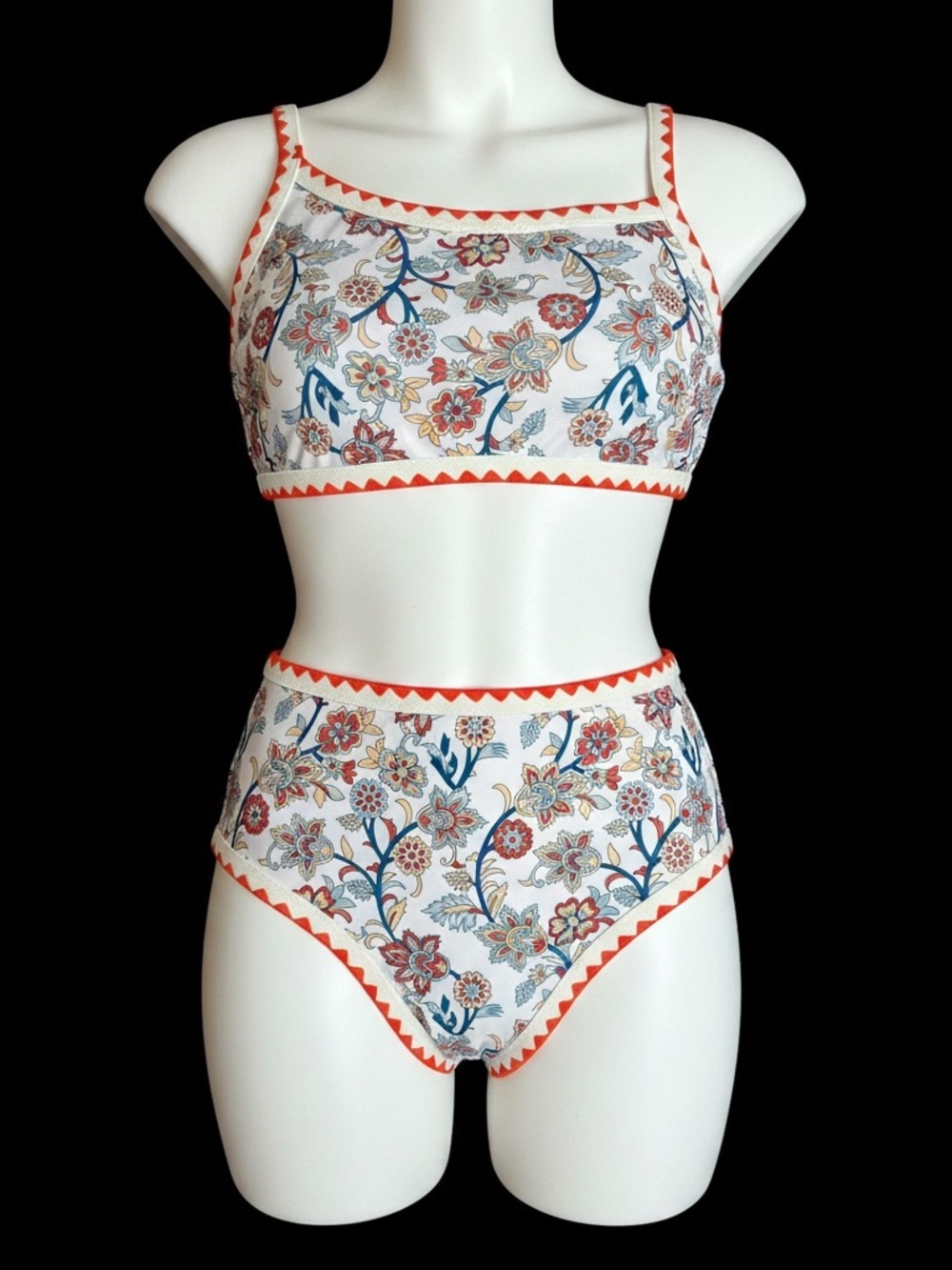 Commense Floral High-Waist Bikini Set in White and Orange Trim